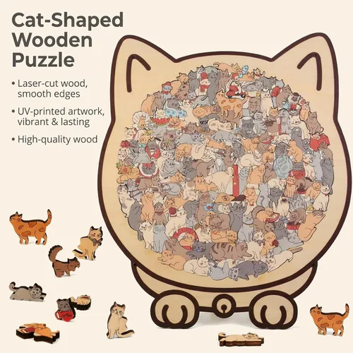 Vista 2 de Rompecabezas de madera con forma de gato para adultos, rompecabezas en forma de gato de 135 piezas de color Morandi, lindo para amantes