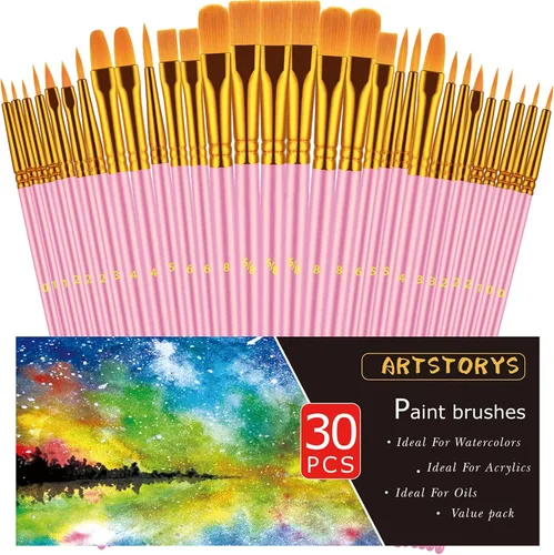 Vista 10 de Juego de pinceles de pintura, 30 piezas de pinceles de pintura para pintura acrílica, pincel de pintura al óleo, acuarela y acrílica, pinceles