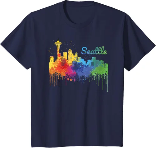 Vista 54 de Seattle Washington Skyline Watercolor Souvenir Seattle Camiseta, Negro