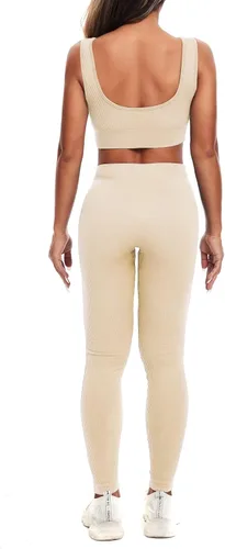 Vista 5 de YUMSUN Conjunto de entrenamiento para mujer, 2 piezas, sin costuras, acanalado, camiseta sin mangas, deportes, gimnasio, cintura alta, correr, yoga