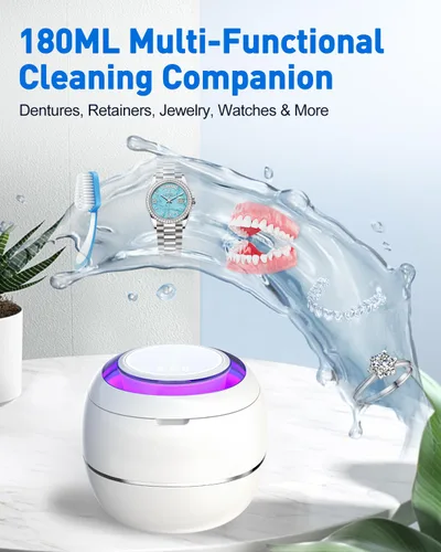 Vista 5 de Limpiador ultrasónico de dentadura, máquina limpiadora de retenedores ultrasónicos para dentaduras, protectores bucales, frenillos, cepillo