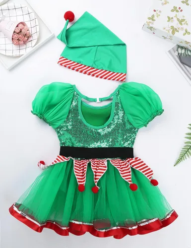 Vista 4 de Nikiikoo Disfraz de elfo de Navidad para niños y niñas, con lentejuelas, patinaje artístico, baile, festival, fiesta de Navidad, disfraz elegante