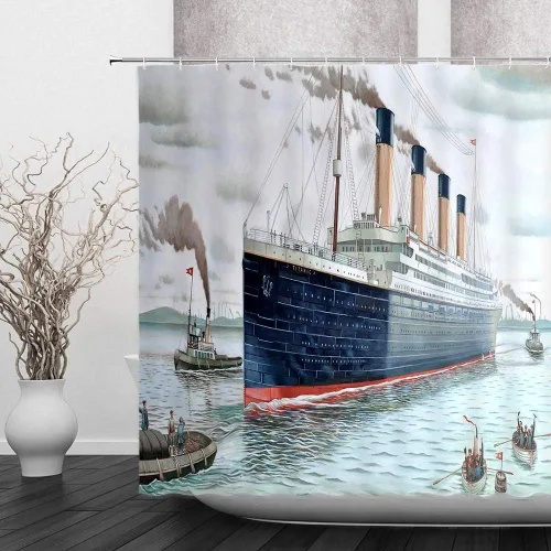 Vista 2 de Cortina de ducha de decoración náutica, retro, clásica, barco Titanic, paisaje, acuarela, arte de baño, cortinas de tela de poliéster con gancho