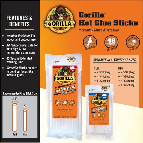 Vista 7 de Gorilla Kit de pistola de pegamento caliente de doble temperatura con barras de pegamento caliente Gorilla (75 unidades)