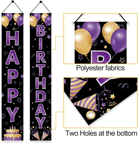 Vista 3 de Cartel de feliz cumpleaños de color morado dorado para mujeres y niñas, letrero de feliz cumpleaños morado, suministros de fiesta, 16, 21, 30, 40