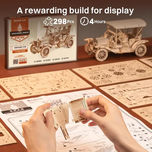 Vista 5 de ROKR Rompecabezas de Madera 3D Kits de Modelos de Coche para Construir para Adultos, Kit de Construcción de Modelos de Coche Vintage a Escala 1:15
