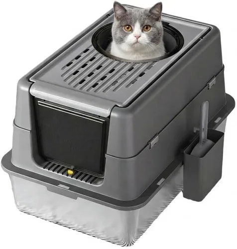 Vista 8 de Caja de arena para gatos de acero inoxidable con tapa, caja de arena de metal cubierta cerrada con tapa abatible de 180°, caja para gatos de alta