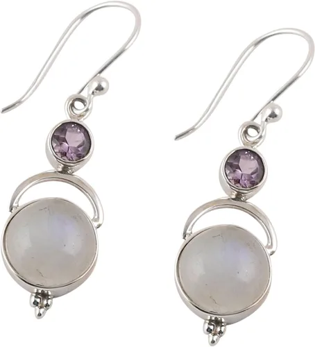 Vista 2 de NOVICA Aretes colgantes hechos a mano de plata de ley 925 con piedra lunar arcoíris y amatista, piedra natal india transparente púrpura 1.7 pulgadas