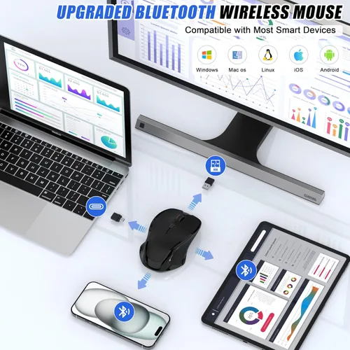 Vista 2 de Mouse inalámbrico Bluetooth para Mac Pro MacBook Air, mouse recargable con mouse Jiggler, interruptor de 3 modos Bluetooth 5.2/3.0 y receptor Negro