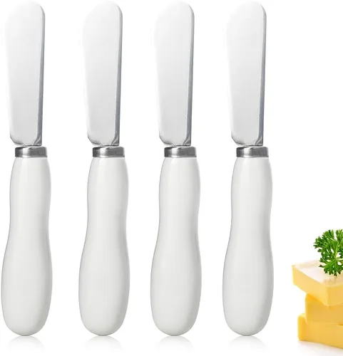 Vista 13 de AISBUGUR Paquete de 2 cuchillos esparcidores de mantequilla de acero inoxidable, cuchillo de mantequilla con mango de porcelana blanca, cuchillos