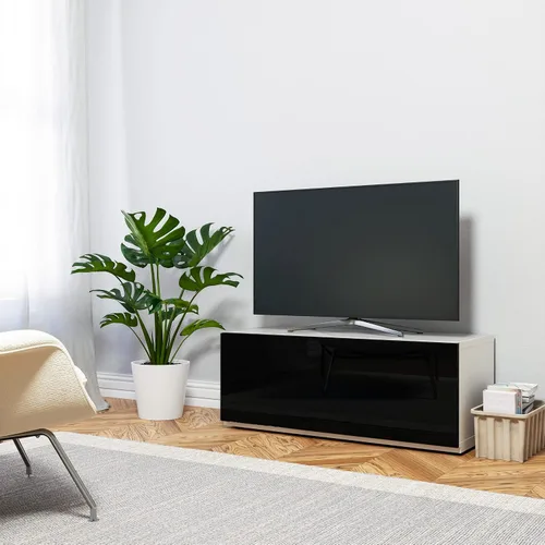 Vista 16 de SONOROUS ST-110 Soporte de TV premium con vidrio negro y cubierta de madera negra, centro de entretenimiento moderno y consola multimedia para sala