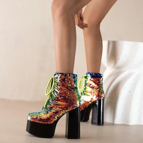 Vista 2 de Caradise Glitter Sparkly Platform Boots Sequin High Heeled Combat Boots Lace Up Chunky High Heel Ankle Boots 5.5 in-oro