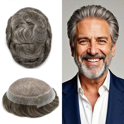 Vista 16 de Toupee para hombres Piezas de pelo fino mono para hombre Toupee sistema de reemplazo de pelo para hombres línea capilar natural para hombre postizo