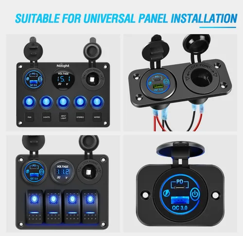 Vista 7 de Nilight 2 Pack PD Type C y QC 3.0 Panel de toma rápida USB con interruptor táctil LED ON Off, kit de cable fundido para coches, camiones