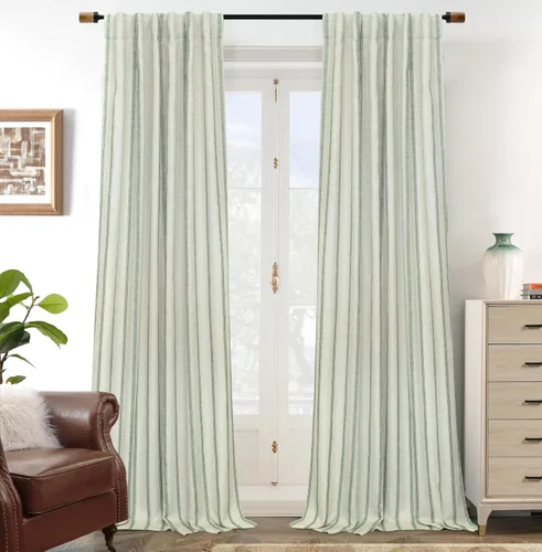 Vista 32 de DriftAway Cortinas opacas de mezcla de lino de granja de 90 pulgadas de largo para dormitorio, cortinas de lino con estampado de rayas verticales