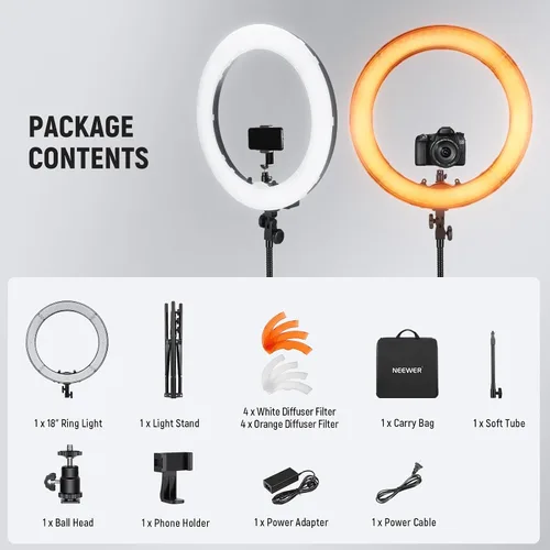 Vista 9 de NEEWER Luz de anillo de 18 pulgadas con soporte de trípode, luz de anillo LED grande de 55W, soporte para teléfono con zapata fría compatible