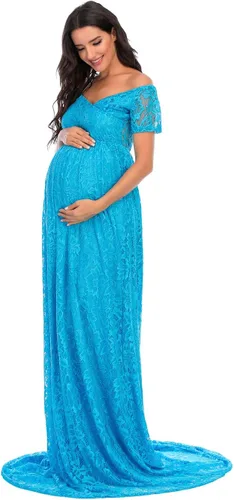 Vista 2 de ZIUMUDY Vestido de maternidad floral de encaje con hombros descubiertos para fotografía Maxi manga corta Baby Shower Vestido de dama de honor
