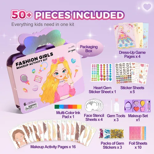 Vista 5 de Jar Melo Libros de actividades de maquillaje para niñas de 4 a 8 años, kit de manualidades 6 en 1 con arte de aluminio, calcomanías de gemas