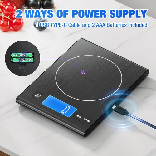 Vista 2 de Diyife - Báscula de cocina de acero inoxidable 304 recargable, 33 libras, color negro Digital Scale with LCD Display, Batteries and Type-C