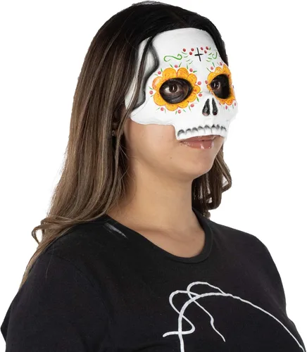 Vista 4 de Ghoulish Productions Máscara Huesudita. Máscara de látex Catrina con flores, media máscara de látex para adultos, talla única. Día de la línea