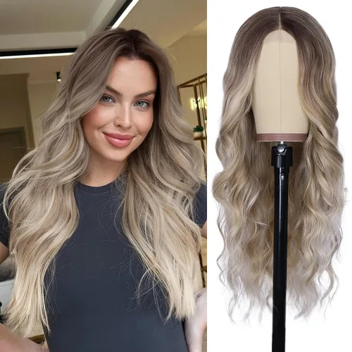 Vista 21 de NAYOO Peluca larga ondulada rubia ombré para mujer, de 26 pulgadas, parte media, rizada, ondulada, de aspecto natural, fibra sintética resistente al