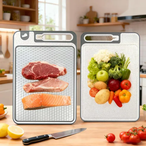 Vista 7 de Tabla de cortar de acero inoxidable, tablas de cortar de 14 x 10 pulgadas para cocina, apta para lavavajillas, resistente a los arañazos con ranura