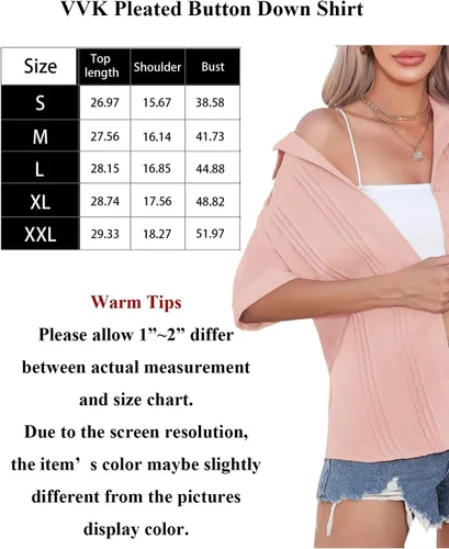 Vista 6 de VVK Camisas de lino y algodón de manga corta para mujer, estilo casual, cuello en V, plisadas, blusas casuales