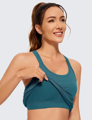 Vista 4 de CRZ YOGA Camiseta sin mangas acanalada sin costuras para mujer con brasier integrado, cuello redondo acolchado, adelgazante, atlética, larga