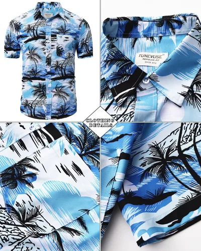 Vista 123 de TUNEVUSE Conjunto de camisas y pantalones cortos hawaianos para hombre, 2 piezas, trajes de playa con estampado de flores, traje tropical de verano