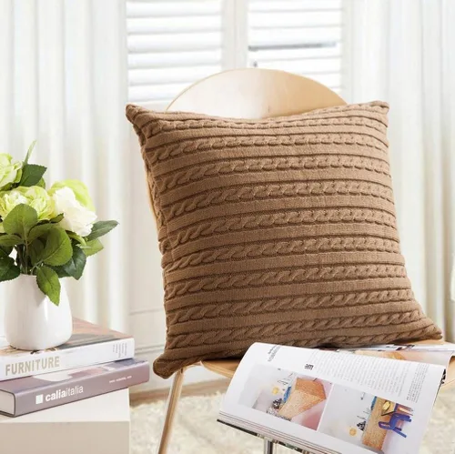Vista 3 de Home-organizer Tech Funda de cojín decorativa de punto extraíble de algodón, patrón de tejido de cable, fundas de almohada cuadradas y cálidas, 17.5