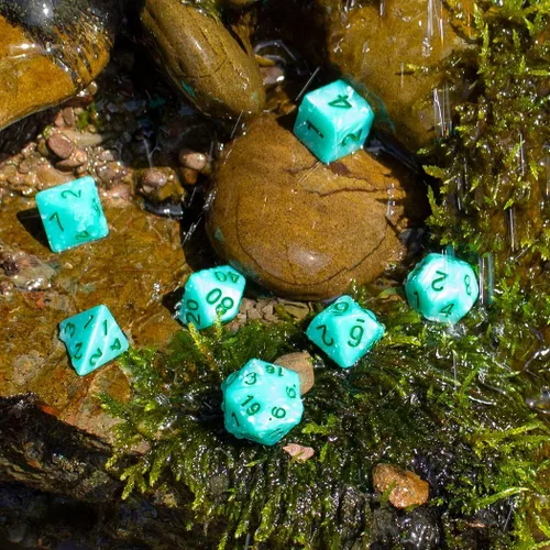 Vista 3 de Dados RPG de perlas turquesas - Juego completo poliédrico - 'Aqua