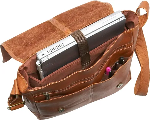 Vista 3 de Le Donne Bolso bandolera para portátil con remaches de cuero Bolsa de cuero colombiano de grano completo de alta calidad, 14 x 14 pulgadas