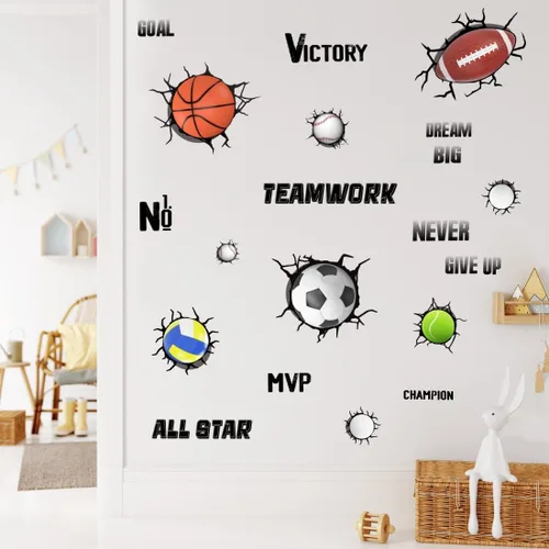 Vista 6 de YIMEHDAN Calcomanías de pared de pelotas deportivas 3D, fútbol, voleibol, rugby, baloncesto, tenis, vinilo para pared, diseño deportivo extraíble