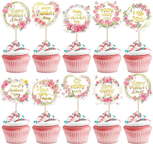 Vista 16 de Rsstarxi 1 paquete de decoración para pastel con flores de purpurina con doble corazón Love Mom Best Mom Best Mom Cake Pick Decoraciones para feliz