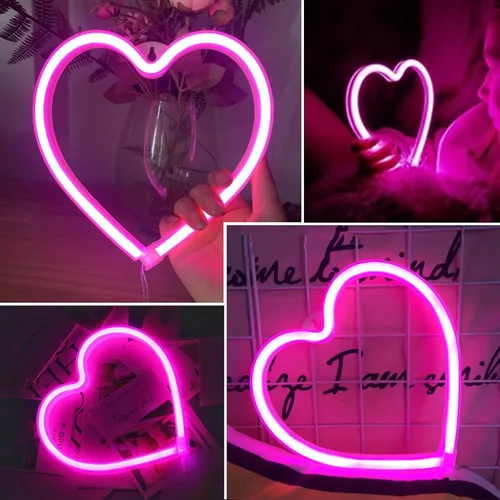 Vista 2 de Letrero de neón con forma de corazón rosa, funciona con pilas o USB, luces LED para decoración del día de San Valentín, regalos de San Valentín