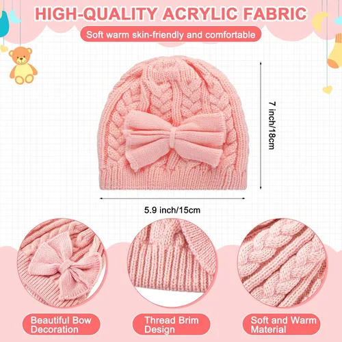 Vista 2 de 3 Set Toddler Hat Glove Set Kids Winter Hats Warm Knitted Beanie Mittens Gloves with Bow for Baby Girls and Boys 0-6Y