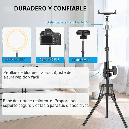 Vista 4 de Soporte de trípode para iPad, trípode ajustable de altura de 63 pulgadas para tableta, rotación de 360°, soporte para iPad mini/Air/Pro, teléfonos