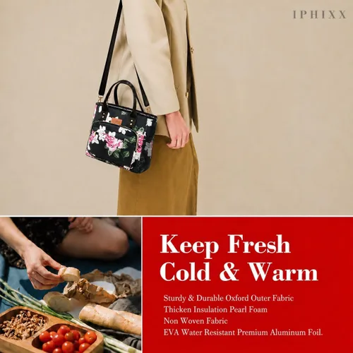 Vista 3 de iPhixx Bolsa de almuerzo aislada para mujer, bolsa de almuerzo ligera y reutilizable, lonchera para mujer con correa ajustable para el hombro, bolsa