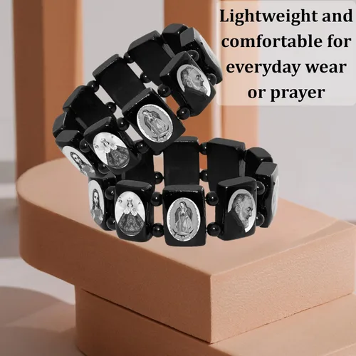 Vista 7 de Catholica Shop Pulseras elásticas de madera religiosas católicas devocionales. Paneles pequeños y grandes con imágenes surtidas de santos, Jesús