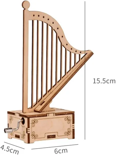 Vista 4 de ibasenice Caja de música con forma de arpa hecha a mano para niños, juguete musical de manivela montada de madera portátil, pequeña caja de música
