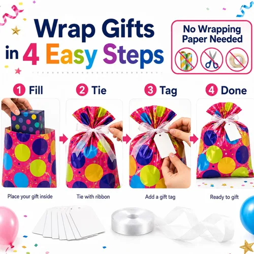 Vista 6 de WesGen 16 bolsas de regalo de cumpleaños, 2 tamaños, 4 diseños, cinta