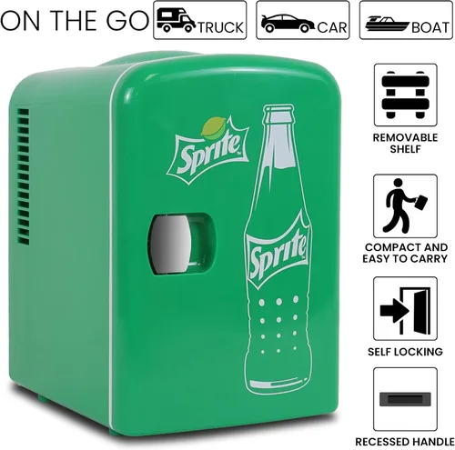 Vista 4 de Sprite Mini Nevera - Refrigerador para Dormitorio Oficina Enfriador Portátil de Bebidas, 12V 110V Para Bebidas, Refrescos, Vinos, Uso en Carro