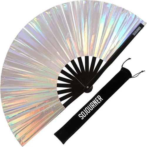 Vista 26 de SoJourner Bags Rave Fan – Abanico plegable grande – Abanico de mano Clack para raves, Halloween, Burlesque, atuendos arcoíris para mujeres