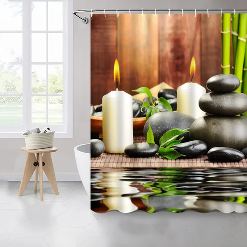 Vista 3 de Cortina de ducha de tela de poliéster, decoración de spa por baño, decoración de jardín zen para baño, diseño mágico japonés, velas de bambú, verde