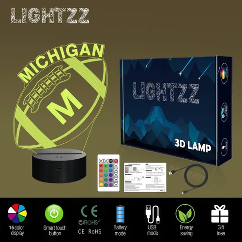 Vista 4 de Luz nocturna de fútbol 3D Michigan, regalos de fútbol, lámpara de ilusión 3D para niños, regalo de 16 colores cambiantes, control remoto