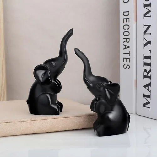 Vista 6 de DUQGUHO Mini elefante negro regalos para mujer, estilo moderno, estatua de animal pequeño, 2 piezas de decoración de elefante para estantes