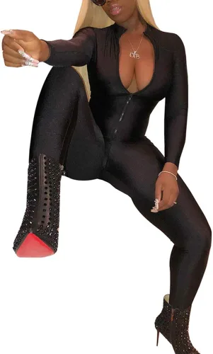 Vista 3 de ECHOINE - Atuendo de una pieza para mujer con manga larga, cremallera, sexy, cuello profundo en v, pantalón largo, para fiestas y clubes, overol