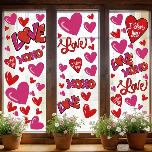 Vista 9 de 12 hojas de calcomanías para ventana del día de San Valentín, diseño de corazón de conversación de doble cara, calcomanías de caramelo