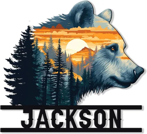 Vista 17 de Letrero de metal de oso personalizado, decoración de pared con nombre personalizado para cabaña, porche, patio, valla o habitación, regalos rústicos