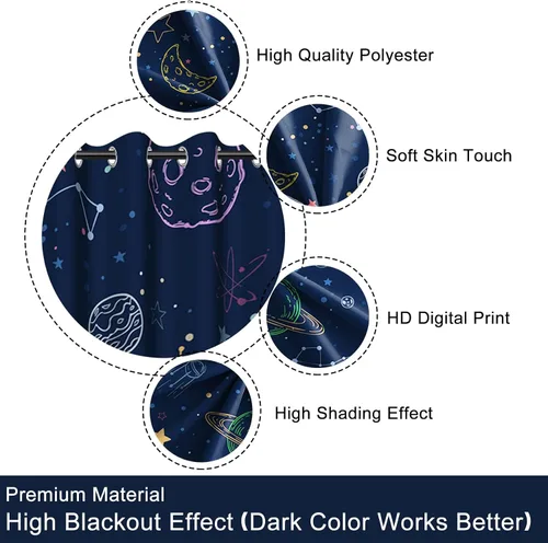 Vista 5 de Cortina opaca con diseño de dibujos animados para niños, diseño de luna, estrellas, planetas, cortinas de oscurecimiento con ojales inoxidables Azul
